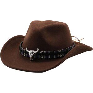 Unisex Brown 100% Polyester Bull Skull Patterned Band Classic Fedora Cowboy Hat